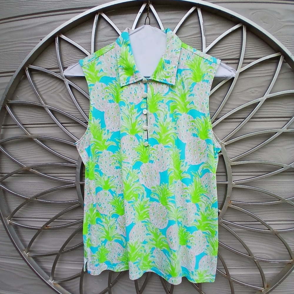 Sleeveless Pineapple Print Polo Top - Aqua & Lime